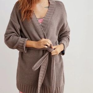 Aerie Taupe Chenille Open Front Belted Cardigan Size Medium Brown